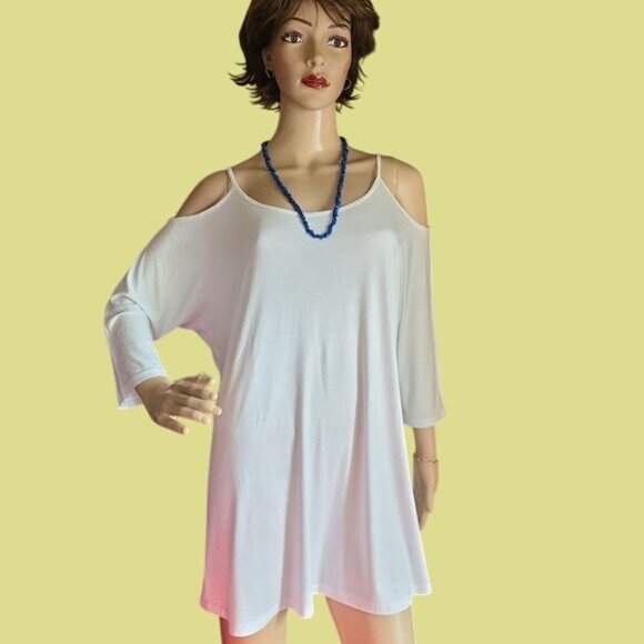Styleword Cold Shoulder White Tunic Top With 3/4 Sleeves For Women Sz Large - Picture 1 of 4